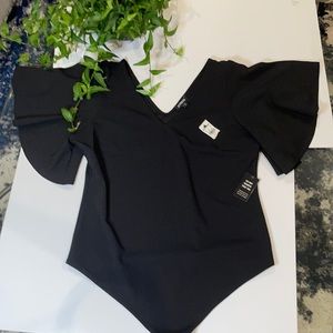 Express Ruffle Sleeve Black Deep V Bodysuit XL